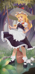  apron black_dress blonde_hair bow braid broom brown_eyes buttons dress female flower frilled_dress frills full_body grass hairbow hat hat_bow highres kirisame_marisa leaf lolittleboy long_hair looking_at_viewer mary_janes open_mouth puffy_sleeves reflection shoes short_sleeves single_braid solo touhou tree waist_apron white_bow white_legwear witch_hat 