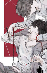  2boys absurdres bad_id bad_pixiv_id bags_under_eyes black_hair brown_hair chained_wrists commentary cradling_head cuffs death_note english_commentary hair_over_eyes handcuffs highres holding holding_pen holding_spoon l_(death_note) looking_down male_focus mouth_hold multiple_boys nib_pen_(object) nigelungdayo pen short_hair spoon yagami_light yaoi 