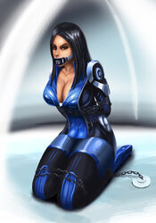  1girls arms_behind_back ashley_williams black_hair blue_legwear bodysuit bondage bound breasts brown_eyes chains cleavage ea female gag indoors kneeling large_breasts long_hair looking_at_viewer mass_effect shackles skin_tight solo svoidist thighhighs 