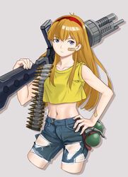  adapted_costume aki_hiro bandaid bandaid_on_arm bandaid_on_cheek bandaid_on_face battle_mania blue_eyes blue_shorts bullet closed_mouth collarbone commentary_request crop_top cropped_legs cropped_shirt denim denim_shorts explosive female game_console grenade gun hand_on_own_hip long_hair machine_gun midriff navel ootorii_mania open_fly orange_hair red_hair sega_mega_drive shirt short_sleeves shorts sleeves_rolled_up solo torn_clothes torn_shorts very_long_hair weapon yellow_shirt 