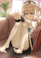  barbara_(genshin_impact) bare_shoulders blonde_hair blue_eyes blush book_holster cameltoe couch cross detached_sleeves dress drill_hair feet female genshin_impact hat highres indoors joko_jmc knees_up latin_cross looking_at_viewer no_shoes panties panties_under_pantyhose pantyhose plant sitting smile soles solo twin_drills twintails underwear vision_(genshin_impact) white_dress white_hat white_panties white_pantyhose white_sleeves window 