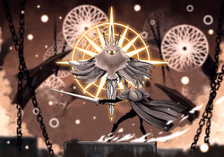  1other advarcher armor bad_id bad_pixiv_id cape chains commission confrontation faceoff female floating from_behind glowing glowing_eyes highres holding holding_sword holding_weapon hollow_knight looking_at_another nail_(hollow_knight) pure_nail_(hollow_knight) pure_vessel radiance_(hollow_knight) standing sword weapon yellow_eyes 