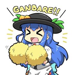  &gt;_&lt; :d apron aqua_bow aqua_sash black_hat blouse blue_bow blue_hair blue_sash bow cheering chibi collared_shirt commentary dress_shirt emphasis_lines english_commentary female food fruit ganbaru_pose hands_up hat hinanawi_tenshi holding holding_pom_poms leaf long_hair open_mouth peach pom_pom_(cheerleading) puffy_short_sleeves puffy_sleeves rakkidei red_neckwear romaji_text sash shaking shirt short_sleeves shouting sidelocks simple_background smile solo touhou upper_body white_apron white_background white_shirt wing_collar xd 