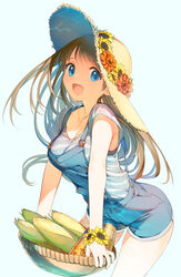  basket blue_eyes breasts brown_hair can cleavage corn cropped_legs denim denim_shorts female floating_hair flower food hat hat_flower highres holding holding_basket leaning_forward long_hair looking_at_viewer medium_breasts open_mouth original red_flower shirt short_sleeves shorts simple_background solo sparkle straw_hat striped_clothes striped_shirt suspender_shorts suspenders tatami_to_hinoki white_background yellow_flower 