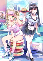  2girls :d apron bare_legs black_footwear black_hair black_skirt blonde_hair blue_neckwear blue_shirt breasts building burger chair choker cleavage diner food frilled_apron frilled_skirt frills full_body green_eyes holding ice_cream ice_cream_float indoors large_breasts long_hair looking_at_viewer multiple_girls open_mouth orange_eyes original pancake pink_choker pink_headwear pink_legwear pink_shirt roller_skates satou_satoru shirt shoes shorts sitting skates skirt smile socks table tray twintails uniform visor_cap waitress white_apron white_legwear white_shorts 