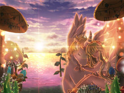  alicorn bad_id bad_pixiv_id beach blonde_hair blue_flower bow bra closed_eyes closed_mouth cloud commentary_request cornus feather_bra feet_out_of_frame female flower grass hair_flower hair_ornament hizukiryou hug in-universe_location long_hair mushroom outdoors purple_sky ragnarok_online red_bow reflection reflective_water scenery sitting sky smile sun sunset underwear wanderer_(ragnarok_online) water white_bra white_flower 