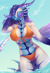  2023 anthro bikini breasts clothed clothing day detailed_background digital_media_(artwork) dragon female hair hi_res mythological_creature mythological_scalie mythology non-mammal_breasts outside purple_hair scalie sky smile solo sunnyowi swimwear tail tail_tuft tuft vegas_(stingtigerwolf) wingless_dragon 