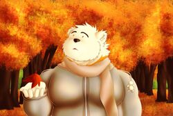  2018 alfredblaze american_black_bear anthro autumn bear black_bear black_nose chuck_(alfredblaze) clothing fur humanoid_hands kermode_bear male mammal outside overweight overweight_anthro overweight_male plant scarf solo sweater topwear tree ursine white_body white_fur 