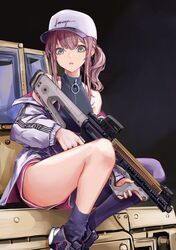  absurdres aqua_eyes ar-57 ar-57_(girls&#039;_frontline) bare_shoulders baseball_cap black_background black_shirt black_socks breasts clothes_pull commentary crop_top ear_piercing female foot_out_of_frame girls&#039;_frontline gun hat highres holding holding_gun holding_weapon jacket jacket_pull lithographica long_hair long_sleeves looking_at_viewer medium_breasts open_clothes open_jacket open_mouth piercing pink_hair pink_shorts shirt shorts side_ponytail sidelocks single_sock sitting socks solo submachine_gun track_jacket weapon white_hat white_jacket 