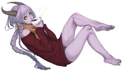  absurd_res barefoot braided_hair clothing container cup demon demon_humanoid drinking feet female feversea hair hi_res horn horned_humanoid humanoid league_of_legends long_hair not_furry riot_games shyvana silver_hair simple_background sitting smile solo sweater tencent topwear white_background yellow_eyes 