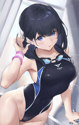  bare_shoulders black_hair black_one-piece_swimsuit blue_eyes blush breasts collarbone competition_swimsuit covered_navel female goggles goggles_around_neck gridman_universe highleg highleg_swimsuit highres large_breasts long_hair looking_at_viewer one-piece_swimsuit open_mouth parfaitlate shower_(place) showering ssss.gridman swimsuit takarada_rikka 