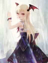  bat_(animal) bat_wings black_skirt blonde_hair claw_pose collared_shirt commentary_request female flower frilled_shirt_collar frilled_skirt frills granblue_fantasy hair_ornament head_wings long_hair oerba_yun_fang petticoat pointy_ears red_eyes red_flower red_rose red_wings rose shirt skirt vampire vampy wataichi_meko white_shirt wings 