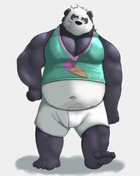  2019 alfredblaze anthro bear belly black_body black_fur bottomwear clothing fur giant_panda hi_res male mammal navel overweight overweight_anthro overweight_male shirt shorts simple_background solo tank_top topwear white_body white_fur 