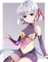  bare_shoulders blush border breasts closed_mouth collarbone commentary detached_sleeves earrings fate/grand_order fate_(series) female floral_print gradient_background grey_background grey_hair hair_ribbon highres jewelry kama_(fate) kama_(first_ascension)_(fate) looking_at_viewer lotus_print midriff navel pink_ribbon purple_skirt purple_sleeves purple_thighhighs red_eyes ribbon ring short_hair skirt sleeveless small_breasts smile solo thighhighs thumb_ring tm-pika white_border 