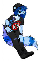  alternative_fashion anthro azura_(aimpunch) bad_religion band_shirt beanie belt blue_body blue_fur blue_hair bottomwear cheek_tuft choker clothing denim denim_bottomwear denim_clothing ear_piercing facial_markings facial_tuft fur graphic_tee gutter-bunny hair hat head_markings headgear headwear hi_res high_top_shoes jeans jewelry male mammal markings mask_(marking) necklace pants piercing procyonid punk raccoon ring_(marking) ringed_tail simple_background skateboard solo striped_markings striped_tail stripes studded_belt studs tail tail_markings torn_bottomwear torn_clothing torn_pants tuft vehicle wallet_chain white_background 