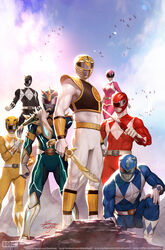  2girls 5boys arm_guards armor belt bird black_bodysuit black_ranger blue_bodysuit blue_ranger blue_sky bodysuit boom!_studios boots cloud cloudy_sky comic_cover commentary cover_image dagger day english_commentary facebook_username gloves glowing glowing_lines gold_armor gold_trim green_bodysuit green_ranger helmet highres holding holding_dagger holding_knife holding_sword holding_weapon in-hyuk_lee instagram_username knife logo looking_at_viewer mighty_morphin_power_rangers multiple_boys multiple_girls official_art on_one_knee pink_bodysuit pink_ranger power_rangers red_bodysuit red_ranger shoulder_armor signature sky standing sun sunlight sword tokusatsu twitter_username watermark weapon web_address white_bodysuit white_ranger yellow_bodysuit yellow_ranger youtube_username 