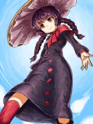  ajirogasa bad_id bad_pixiv_id blue_sky braid breasts bright_pupils brown_hat buttons closed_mouth cloud dress female from_below grey_dress hat highres long_hair long_sleeves nob1109 outdoors purple_hair red_eyes red_legwear sky small_breasts smile solo touhou twin_braids white_pupils yatadera_narumi 