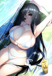  armpits arms_up beach_chair bikini black_hair blush breasts brown_eyes cleavage female highres hima huge_breasts iwato_kasumi long_hair looking_at_viewer lotion lying on_back saki_(manga) side-tie_bikini_bottom skindentation smile solo sunscreen swimsuit white_bikini 