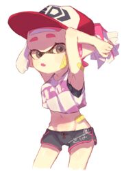  bandages bandaid bandaid_on_face black_shorts female hand_in_own_hair hat highres inkling inkling_girl inkling_player_character looking_at_viewer navel open_mouth pink_hair pointy_ears pointy_hair red_headwear sahata_saba shirt short_hair short_shorts shorts simple_background sleeveless splatoon_(series) tentacle_hair white_background white_shirt 