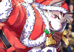  1boy animal_ears bell blurry blush bokeh brown_fur brown_gloves cat_boy cat_ears christmas commentary_request depth_of_field dutch_angle furry furry_male gloves hat hijirino_yuuta holly looking_at_viewer male_focus oerba_yun_fang open_mouth red_eyes red_hat santa_costume santa_hat short_hair sitri_(housamo) smile solo sparkle thick_eyebrows tokyo_afterschool_summoners upper_body whiskers 