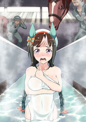  2boys animal_ears beret black_hair blush braid breasts collarbone commentary female hat highres hokko_tarumae_(umamusume) horse horse_ears horse_girl large_breasts long_braid long_hair looking_at_viewer multiple_boys naked_towel natuumi_(jmwy5354) open_mouth steam surprised thermae_romae towel twin_braids umamusume unlikely_accident wet 