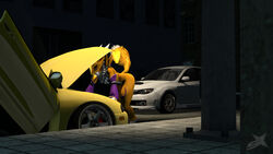  16:9 3d_(artwork) a2k alley anthro armwear bandai_namco blue_eyes bridal_gauntlets canid canine car clothing digimon digimon_(species) digital_media_(artwork) dipstick_tail female fur hi_res mammal markings mitsubishi night purple_markings renamon solo subaru tail tail_markings vehicle widescreen yellow_body yellow_fur 