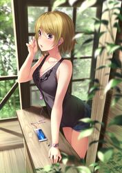  absurdres bare_arms black_blouse blouse blurry breasts cellphone cleavage collarbone cowboy_shot day denim denim_shorts depth_of_field earbuds earphones earrings female from_above from_side hand_rest highres holding holding_earphone jewelry koizumi_hanayo kopianget leaf legs_together light_brown_hair looking_at_viewer love_live! love_live!_school_idol_project open_mouth phone plant purple_eyes short_hair shorts single_earphone_removed sleeveless smartphone solo standing sunlight tank_top window wooden_floor wristband 