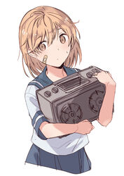  bandaid bandaid_on_face brown_eyes brown_hair closed_eyes closed_mouth cowboy_shot double_burner_stove_oboro female fish_grill holding holding_stove kantai_collection looking_to_the_side oboro_(kancolle) pleated_skirt portable_stove satsumi school_uniform serafuku short_hair simple_background skirt solo stove sweatdrop white_background 