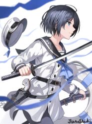  black_hair blue_eyes closed_mouth female from_side gun hat highres holding holding_weapon junshiki katana original school_uniform serafuku short_hair simple_background solo standing sword uniform weapon white_background 