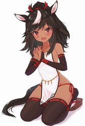  :d animal_ears bare_hips bare_shoulders belly_chain black_gloves black_hair black_thighhighs blush bridal_gauntlets commentary dark-skinned_female dark_skin elbow_gloves female full_body gloves hair_ribbon halterneck hayagriva_guanyin_(jousenji_temple) highres horse_ears horse_girl horse_tail jewelry jousenji_temple komiya_nigi long_hair looking_at_viewer multicolored_hair oerba_yun_fang open_mouth own_hands_together panties ponytail red_eyes red_panties red_ribbon revealing_clothes ribbon ribbon-trimmed_legwear ribbon_trim seiza side-tie_panties sideless_outfit simple_background sitting smile solo streaked_hair swept_bangs tail thighhighs underwear white_background 