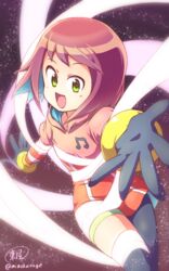  :d commentary_request female gloves green_eyes harp_note_(mega_man) hood hoodie looking_at_viewer mega_man_(series) mega_man_star_force minokurage musical_note open_mouth purple_hair reaching reaching_towards_viewer short_hair signature smile solo sonia_strumm_(mega_man) transforming_clothes twitter_username 