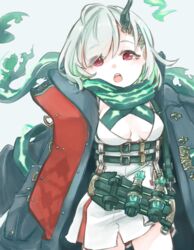  belt breasts buckle cleavage dress female green_hair grey_background hair_ornament hairclip holster holstered ishikoro1645 jacket little_match_girl_(sinoalice) looking_at_viewer open_clothes open_jacket open_mouth red_eyes scarf short_hair simple_background sinoalice solo 