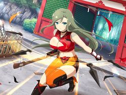  architecture blue_eyes blush branch breasts bush cleavage cliff collarbone east_asian_architecture female fence fishnets fuga_(senran_kagura) green_hair hair_between_eyes high_heels holding holding_instrument instrument kunai large_breasts long_hair looking_at_viewer mole mole_under_eye navel official_alternate_costume official_art rock rope senran_kagura senran_kagura_new_link senran_kagura_new_wave shamisen shide shimenawa shrine solo standing standing_on_one_leg third-party_source throwing torn_clothes tree weapon wooden_fence yaegashi_nan zipper 