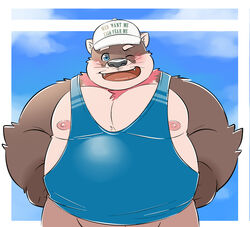  2021 anthro aotoaka belly blue_eyes blush brown_body brown_fur clothing fur hat headgear headwear hi_res male mammal musclegut muscular mustelid nipples one_eye_closed otter overweight overweight_anthro overweight_male pecs shirt solo tank_top topwear wink 