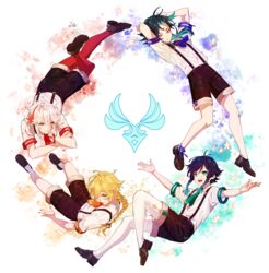  4boys absurdres aether_(genshin_impact) alternate_costume aqua_hair arms_up black_hair black_shorts blonde_hair blue_hair braid commentary_request facial_mark forehead_mark fuka_(hk_nemo) genshin_impact gradient_hair head_rest highres kaedehara_kazuha male_focus multicolored_background multicolored_hair multiple_boys nail_polish open_mouth orange_eyes orange_nails pantyhose parted_lips ponytail red_hair red_legwear red_nails shirt short_sleeves shorts simple_background smile socks streaked_hair suspender_shorts suspenders twin_braids venti_(genshin_impact) white_hair white_legwear white_shirt xiao_(genshin_impact) yellow_eyes 