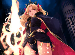  ass_visible_through_thighs black_cloak black_leotard black_nails blonde_hair bow breasts cage cloak earrings energy_weapon ereshkigal_(fate) fate/grand_order fate_(series) female from_below fur-trimmed_cloak fur-trimmed_hood fur_trim glowing glowing_weapon hairbow hand_on_own_hip highres holding holding_weapon hood hooded_cloak jewelry leotard light_particles long_hair looking_ahead md5_mismatch meslamtaea_(weapon) nail_polish open_mouth parted_bangs pink_eyes red_bow red_cloak serious small_breasts solo tassel tiara toromera two-sided_cloak two-sided_fabric two_side_up v-shaped_eyebrows very_long_hair weapon 