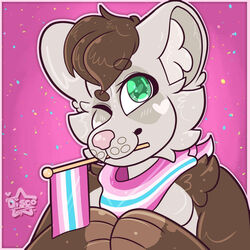  1:1 accessory ambiguous_gender anthro bandana brown_hair cheek_tuft clothing dazzlingdisco domestic_ferret facial_tuft femboy_pride_colors flag fluffy green_eyes hair handkerchief hi_res kerchief kylie_(kyliebobile) lgbt_pride mammal mouth_hold multicolored_bandanna multicolored_kerchief multicolored_neckerchief multicolored_neckwear mustelid musteline neckerchief neckwear one_eye_closed pink_nose pride_color_accessory pride_color_bandanna pride_color_clothing pride_color_flag pride_color_kerchief pride_color_neckerchief pride_color_neckwear pride_colors smile solo subculture_pride_colors true_musteline tuft weasel wink 