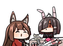  2girls :o ^_^ ^o^ amagi_(azur_lane) animal_ears azur_lane black_hair black_kimono blunt_bangs brown_hair character_name chibi closed_eyes coat commentary_request diagonal_bangs fake_animal_ears fox_ears fox_girl hair_over_one_eye hand_fan japanese_clothes kagami_kino kimono long_hair medium_hair money multiple_girls poster_(object) red_coat red_eyes right-over-left_kimono shaded_face shiranui_(azur_lane) shopping shopping_cart table thick_eyebrows translated triangle_mouth white_background wide_sleeves 