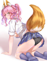  absurdres all_fours animal_ear_fluff animal_ears ass black_panties blue_skirt blush breasts closed_mouth collared_shirt commentary_request dress_shirt fate/extra fate_(series) female fox_ears fox_girl fox_tail grey_socks highres kamehito kneehighs large_breasts long_hair looking_at_viewer looking_back no_shoes official_alternate_costume panties pink_hair plaid plaid_skirt school_uniform shirt sidelocks skirt sleeves_rolled_up smile socks solo tail tamamo_(fate) tamamo_no_mae_(fate/extra) tamamo_no_mae_(jk)_(fate) twintails underwear white_shirt yellow_eyes 