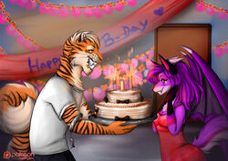  absurd_res birthday cake canid canine clothed clothing dessert duo felid female food fox fujiokaaika hi_res horn male mammal pantherine surprise tiger wings 