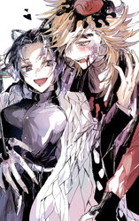  1boy :d animal_print belt belt_buckle black_hair black_jacket bleeding blonde_hair blood blue_butterfly blue_headwear blush breasts buckle bug butterfly butterfly_hair_ornament butterfly_print commentary_request demon_slayer_uniform douma_(kimetsu_no_yaiba) eyelashes fangs female fingernails hair_ornament hand_on_another&#039;s_stomach haori heart highres jacket japanese_clothes kimetsu_no_yaiba kochou_shinobu large_breasts lilicho looking_at_another multicolored_eyes open_mouth poisoned purple_eyes red_shirt robe shirt smile stab sword weapon 