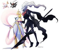  1boy absurdres armor black_armor black_cape black_tunic blonde_hair blue_eyes blue_skirt breasts brooch cape cleavage colored_skin cresselia crown darkrai female grey_skin highres jewelry large_breasts long_hair looking_at_another personification pink_shawl polearm purple_eyes ring shawl skirt spear tamtamdi tiptoes weapon white_hair 