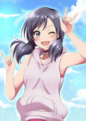  ;d \m/ absurdres amano_hina_(tenki_no_ko) armpits bare_shoulders black_choker black_hair blue_eyes blush choker commentary_request day double_\m/ female gem hair_over_shoulder highres hood hoodie looking_at_viewer low_twintails nico_nico_nii one_eye_closed open_mouth outdoors pink_hoodie pink_shirt shirt sky sleeveless sleeveless_hoodie smile solo sparkle swept_bangs tenki_no_ko tina_(pixiv37050289) twintails upper_body 