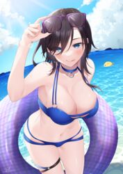  :q adjusting_clothes adjusting_headwear ark_royal_(azur_lane) ark_royal_(coast_watcher)_(azur_lane) arm_up armpits azur_lane bare_shoulders bikini black_hair blue_bikini blue_choker blue_eyes blue_sky blush breasts choker cleavage closed_mouth cloud collarbone commentary_request cowboy_shot day dutch_angle eyewear_on_head female groin hair_between_eyes hair_over_one_eye highres holding holding_swim_ring innertube large_breasts leaning_forward light_rays looking_at_viewer manjuu_(azur_lane) medium_hair midriff mountainous_horizon multi-strapped_bikini nagura_shiro navel o-ring o-ring_bikini ocean outdoors partial_commentary purple-framed_eyewear shadow sidelocks signature sky smile solo_focus standing sunbeam sunglasses sunlight swim_ring swimsuit thigh_strap tongue tongue_out 