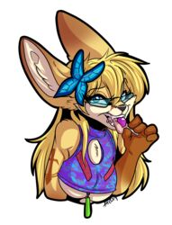  2019 accessory anthro big_breasts blonde_hair breasts butterfly_clip candy canid canine dessert eyewear facial_piercing female fennec_fox food fox glasses glowstick hair hair_accessory hairclip hi_res jesterghastly kaiyonato licking lollipop mammal piercing solo tongue tongue_out true_fox 