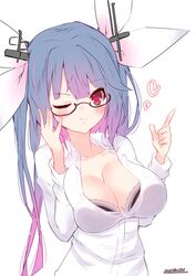  absurdres alternate_costume bespectacled black-framed_eyewear black_bra blue_hair bra breasts cleavage commentary_request dress_shirt female frilled_bra frills glasses hair_ribbon highres i-19_(kancolle) index_finger_raised kantai_collection long_hair looking_at_viewer momimaki one-hour_drawing_challenge one_eye_closed open_clothes red_eyes ribbon semi-rimless_eyewear shirt simple_background solo tri_tails twintails under-rim_eyewear underwear upper_body white_background white_shirt 