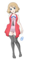  absurdres bare_arms black_thighhighs blue_eyes blue_ribbon blush breasts commentary female full_body highres knees knees_together_feet_apart light_brown_hair looking_at_viewer neck_ribbon open_mouth pokemon pokemon_(anime) pokemon_xy_(anime) ribbon serena_(pokemon) short_hair simple_background sleeveless sleeveless_duster smile solo standing tax2rin thighhighs white_background 