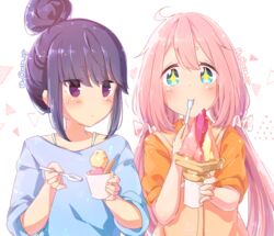  +_+ 2girls ahoge atu blue_eyes blue_hair blue_shirt blush bra_strap casual closed_mouth collared_shirt commentary_request dessert double_scoop eating eyes_visible_through_hair food hair_bun hair_ornament hair_tie holding holding_food holding_spoon ice_cream ice_cream_cone ice_cream_cup ice_cream_scoop ice_cream_spoon jacket kagamihara_nadeshiko light_particles long_hair looking_at_another looking_at_viewer multiple_girls orange_jacket orange_shirt pink_hair purple_eyes shima_rin shirt signature simple_background single_hair_bun sleeves_rolled_up smile sparkle sparkling_eyes spoon standing star-shaped_pupils star_(symbol) sweatdrop symbol-shaped_pupils triangle twintails white_background yurucamp 