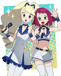  2girls :d bad_id bad_twitter_id bare_arms bare_shoulders big_hair blonde_hair blush brown_eyes crop_top dress frilled_bracelet green_eyes holding holding_microphone idol locked_arms long_hair looking_at_viewer luna_platz_(mega_man) mega_man_(series) mega_man_star_force microphone midriff multiple_girls open_mouth pantyhose pekaso1118n purple_hair short_hair short_shorts shorts sleeveless smile sonia_strumm_(mega_man) star_(symbol) starry_background thighhighs waving white_dress white_legwear zettai_ryouiki 