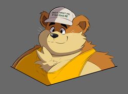  2021 anthro black_nose brown_body brown_fur bust_portrait clothing fur hat headgear headwear hi_res male mammal mustelid otter overweight overweight_anthro overweight_male portrait shirt solo splashburr topwear 